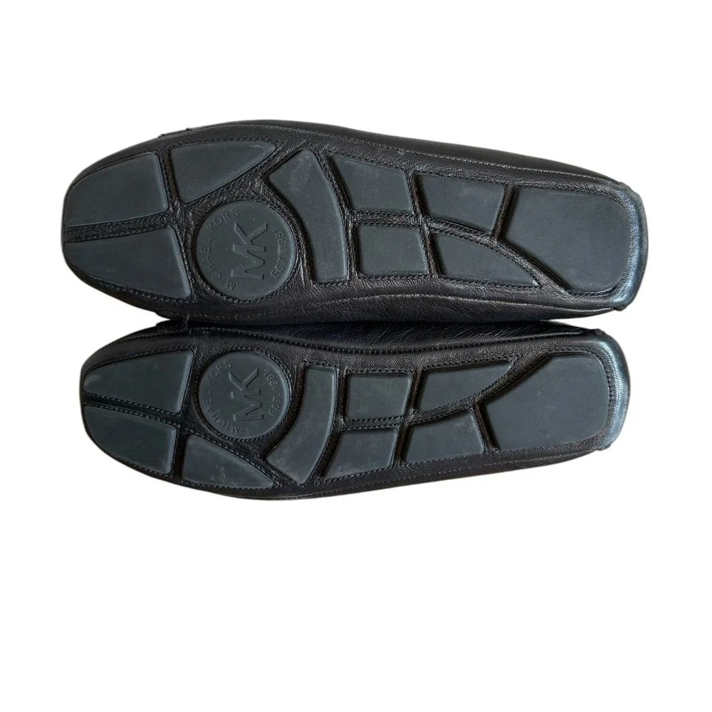 Michael Kors Fulton Moc Black Pebbled Leather Ballet Flats Silver MK Logo‎ Shoes